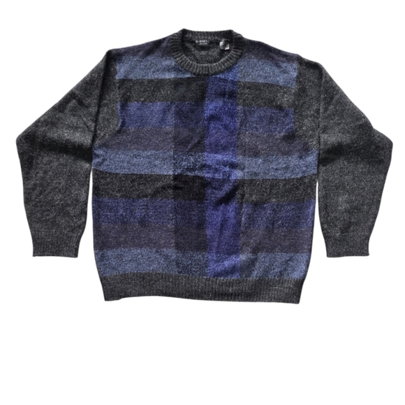 Vintage Segreto Sweater Men Large Wool Check Plaid Gray Crewneck 90s Grandpa - Picture 1 of 8